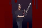 Man holding up a chainsaw with blood dripping down all around him