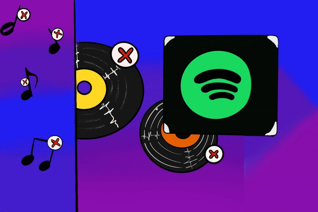 An illustration of the Spotify app, with records in the background.