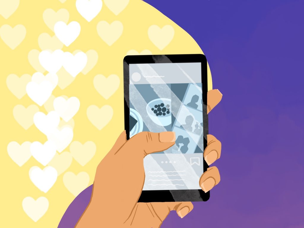 An illustration of a person scrolling on Instagram