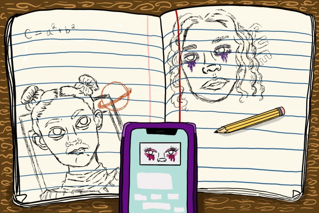 A picture of faces drawn in a high school notebook