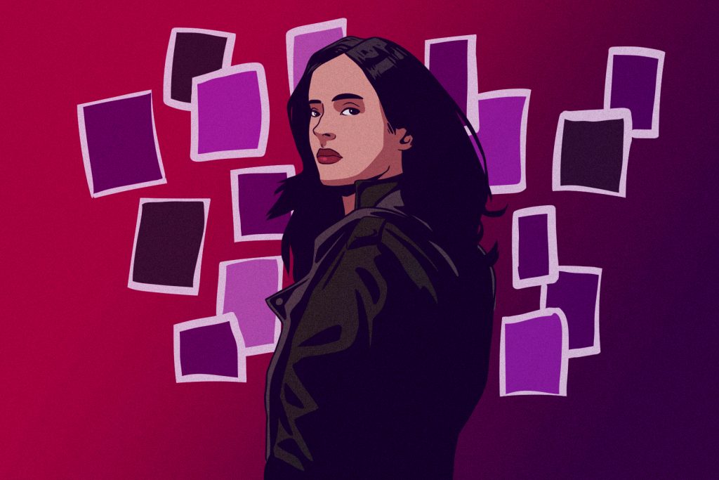 disney+ and marvel show's jessica jones picture with papers in the back