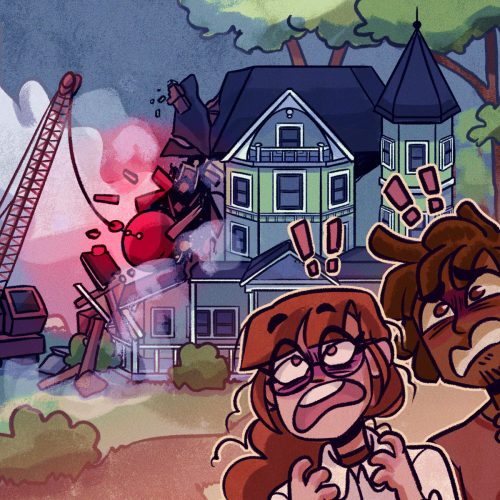 an illustration of an old home being demolished
