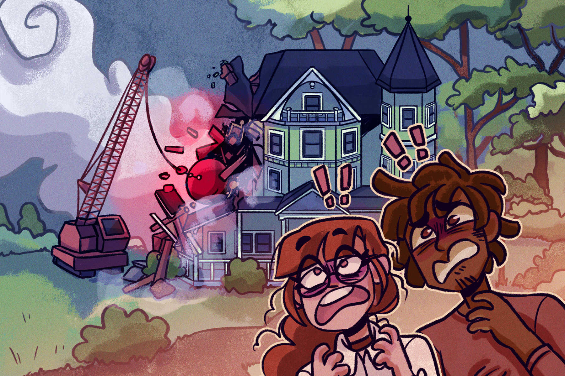 an illustration of an old home being demolished