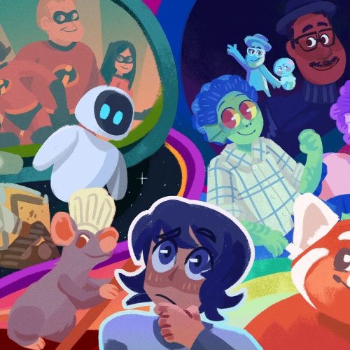 illustration with a bunch of pixar movie characters, including "turning red"