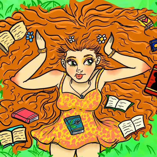A woman in a red and yellow sun dress, and long flowing hair, lays on a field of green with books scattered around her