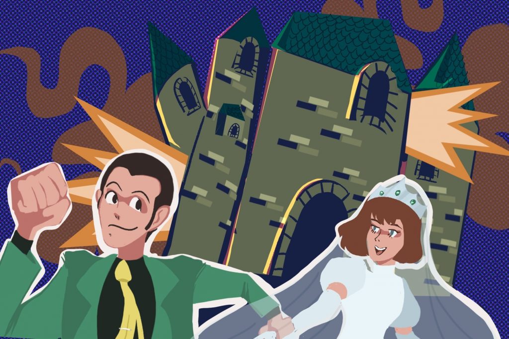 Lupin III running away from castle with the princess