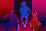 Main characters from Cowboy Bebop in dark shades of purple, blue and red looking towards the viewer