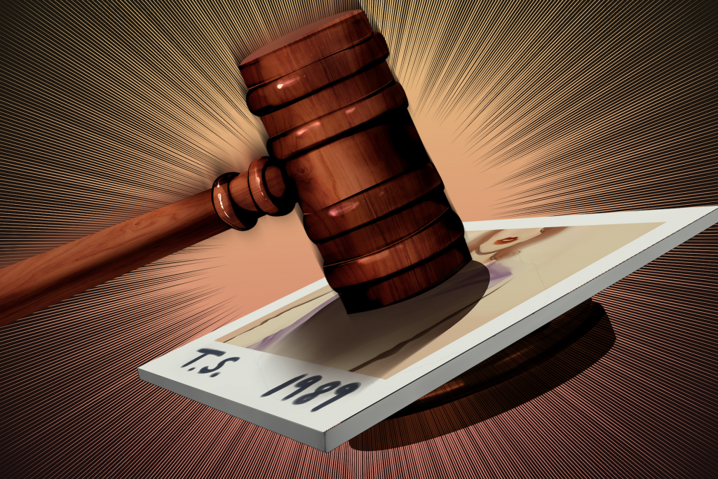 An illustration of a judge's gavel hitting '1989,' the title of a popular music album by Taylor Swift.