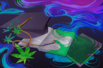 graduation cap and textbooks surrounded by cannabis leaves and smoke