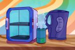 small appliances (mini fridge, essential oil diffuser and water pitcher)