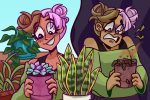 One girl surrounded by beautiful plants, then same girl again holding a dead plant