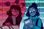 One college student sits over their gen ed courses, while another looks happy about their courses