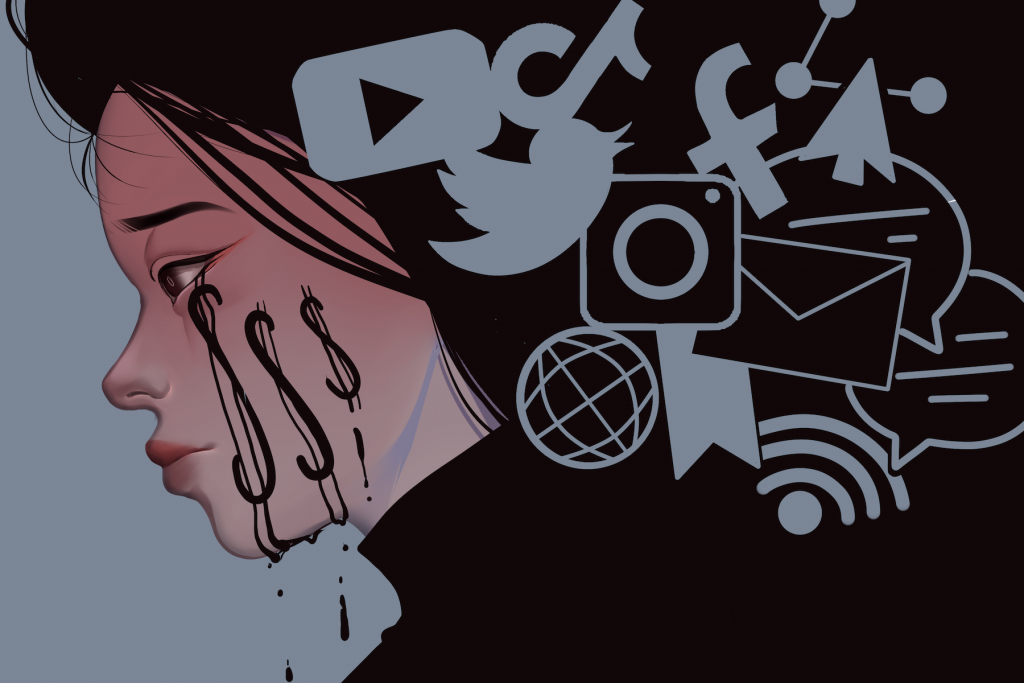 Image depicts young girl struggling with mental illness online.