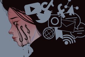 Image depicts young girl struggling with mental illness online.
