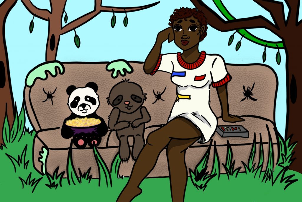 Woman sitting on couch with a small panda eating popcorn and a sloth outside in nature.