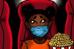 An illustration of a kid at the movie theatre with a mask on watching a film.