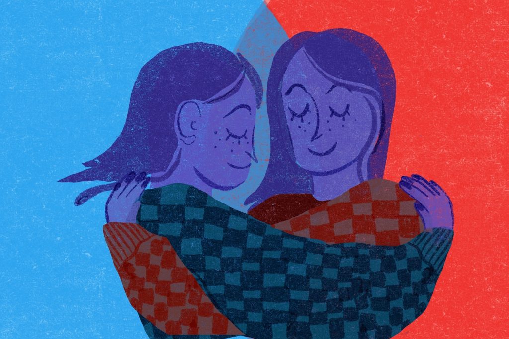 a person hugging a mirrored image of their self showing self-love