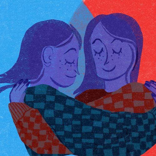 a person hugging a mirrored image of their self showing self-love