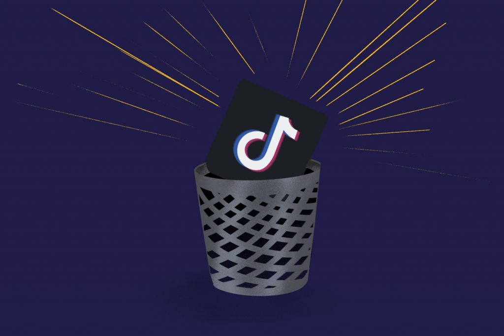 An illustration of the TikTok logo being thrown into the trash can.