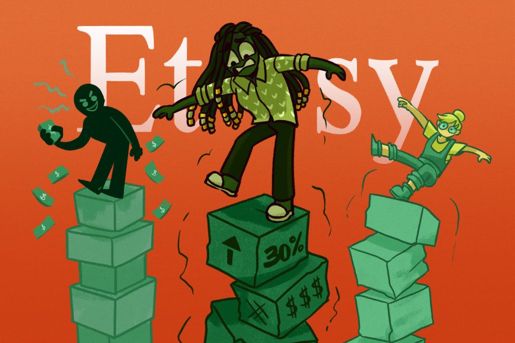etsy sellers balencing on boxes and trying to grab money