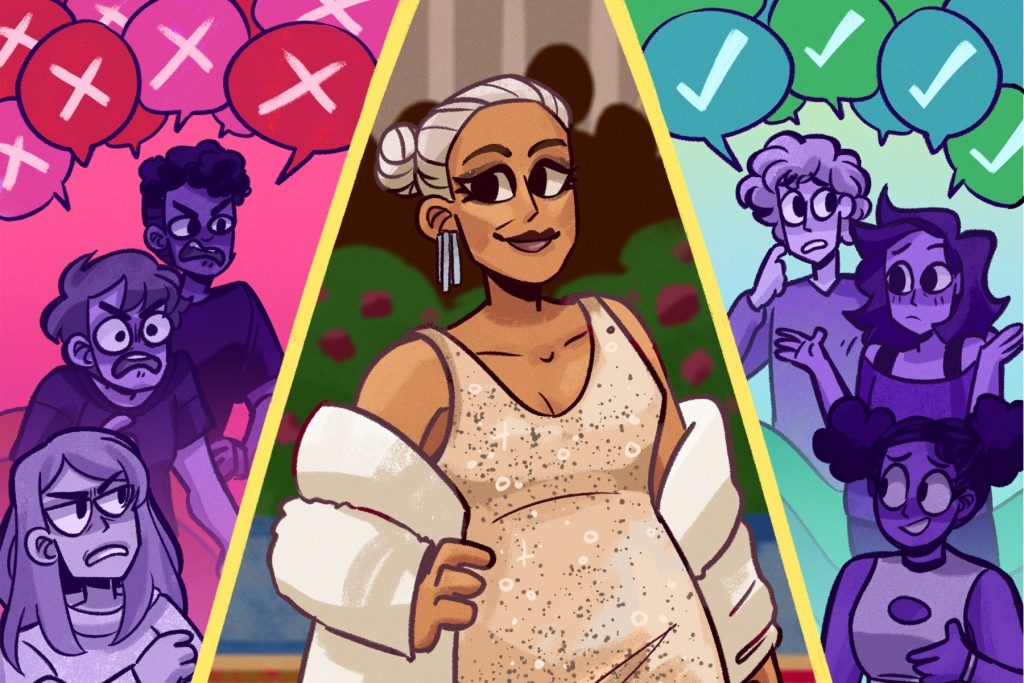 An illustration of Kim Kardashian wearing Marilyn Monroe's dress at the Met Gala.