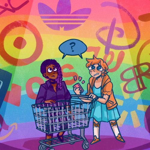 In an article about where to shop for Pride Month, two shoppers and a shopping cart surrounded by brand logos