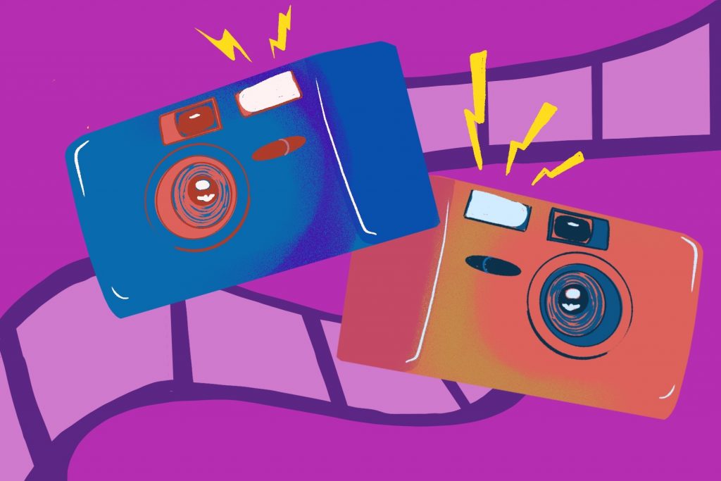 an illustration of a disposable camera next to another disposable camera with a strip of film in the background