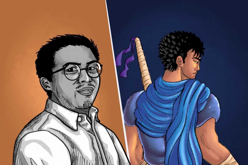 an illustration of a character from Berserk and creator death of Kentaro Miura