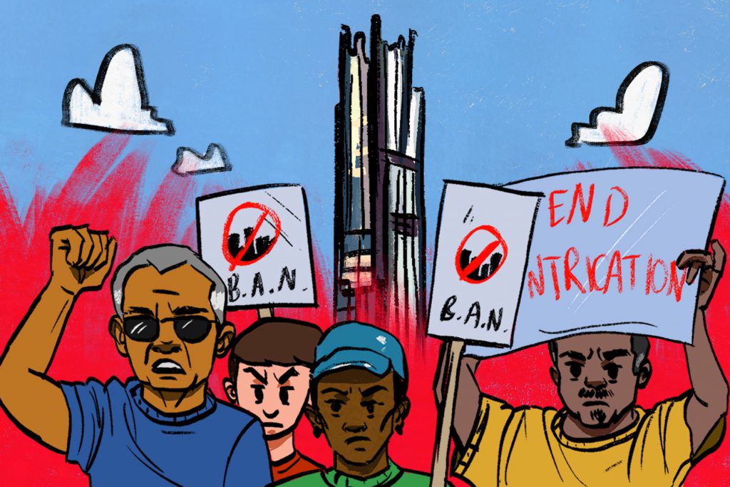 An illustration of protestors against the Brooklyn Tower