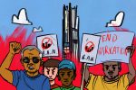 An illustration of protestors against the Brooklyn Tower