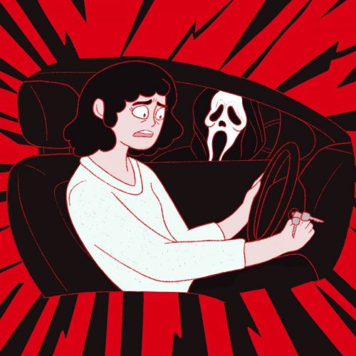 girl in horror movie unable to start car with scream out the window
