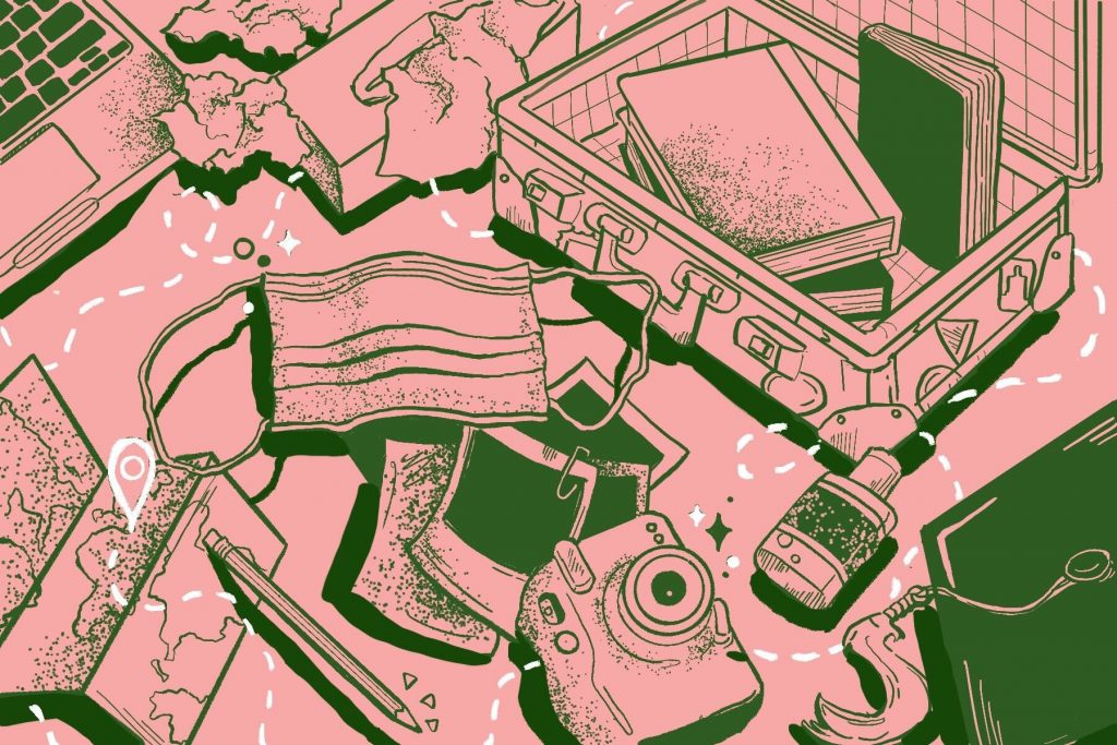 in an article about study abroad, an illustration of some things you would pack for a long trip