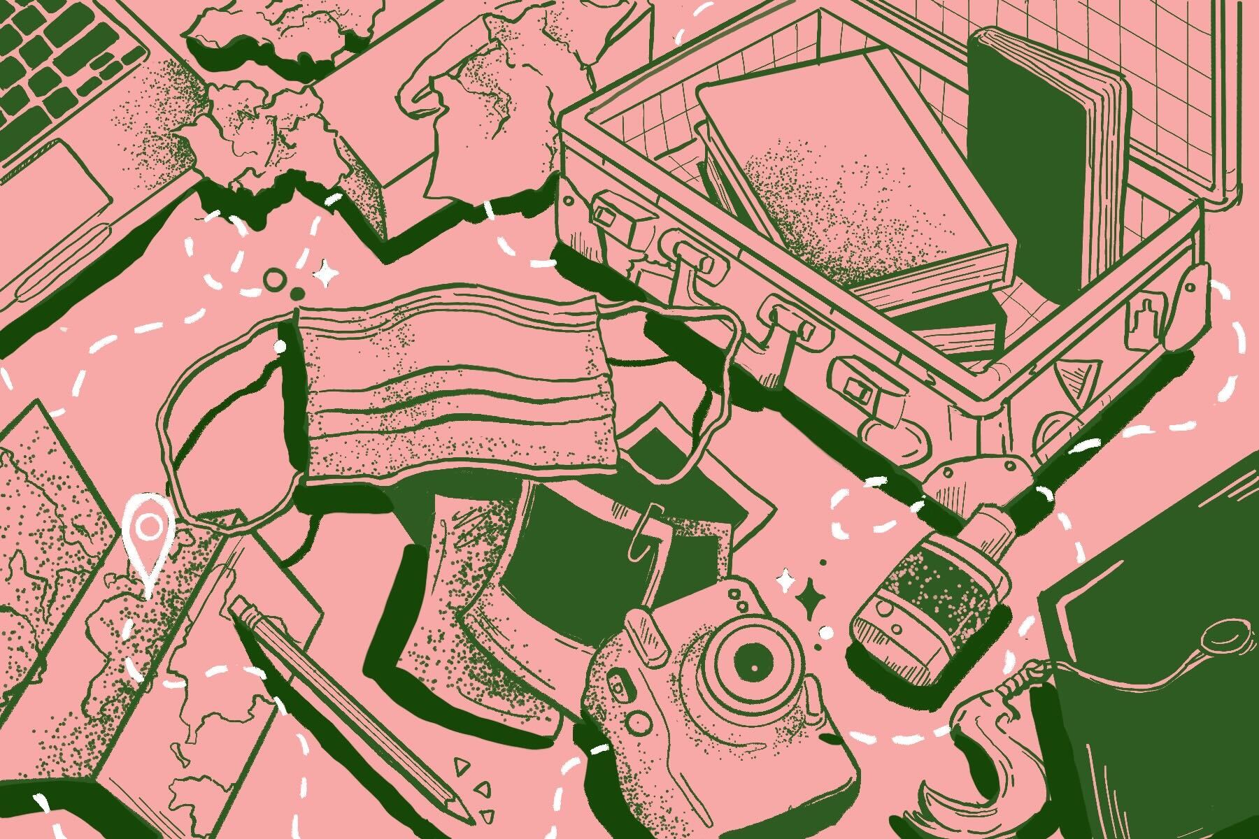 in an article about study abroad, an illustration of some things you would pack for a long trip