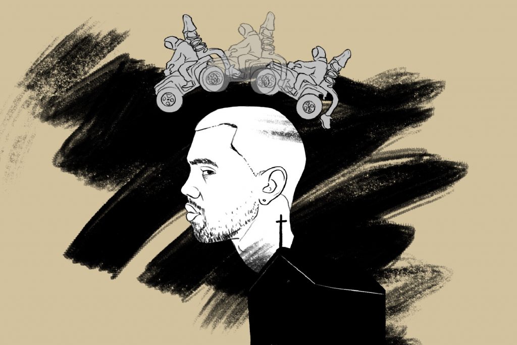 In an article about Kanye West and his controversies, an illustration of Kanye West and the animations of his music video "Eazy"