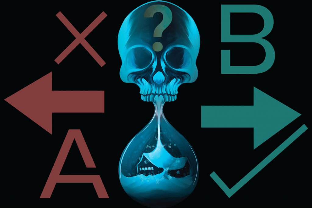 in an article about until dawn, an illustration of the logo next to a left and right arrow, the letters a and b, and a check mark and x