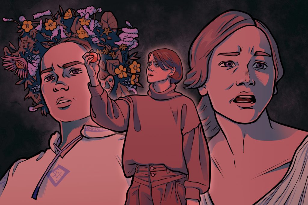 In an article about 'men' a drawing shows women from horror films.