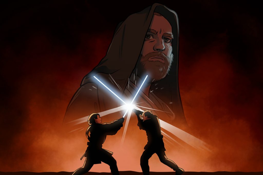 An article on Star Wars has a drawing of two jedi fighting with light sabers and Obi-Wan Kenobi staring in the background.