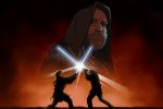 An article on Star Wars has a drawing of two jedi fighting with light sabers and Obi-Wan Kenobi staring in the background.