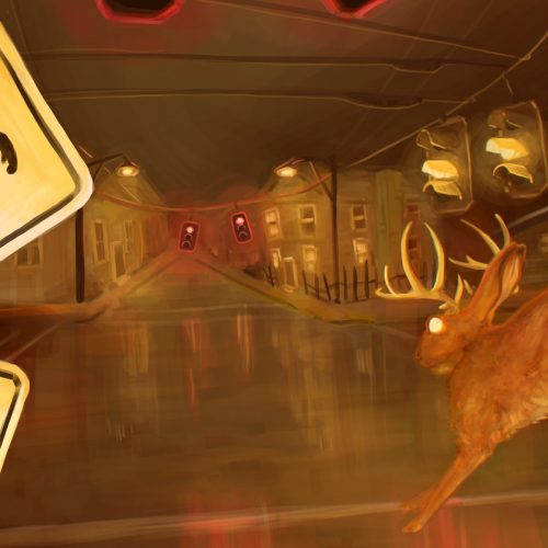 cryptid jumping into frame and sign pointing to bigfoot
