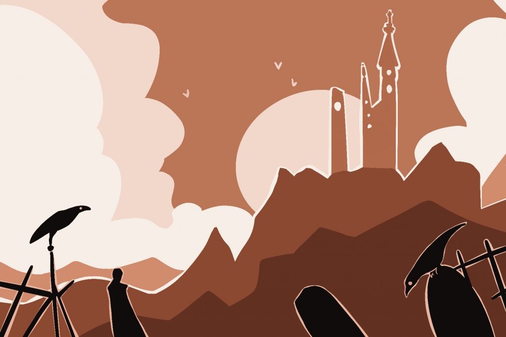 gothic horror graveyard, fog, and castle
