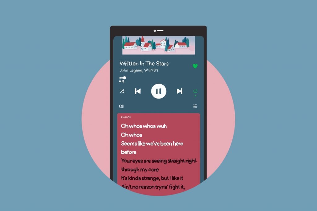 In an aritcle about Spotify's new lyric future, an illustration of a smartphone with the app opened to the lyrics of the song "Written in the Stars"