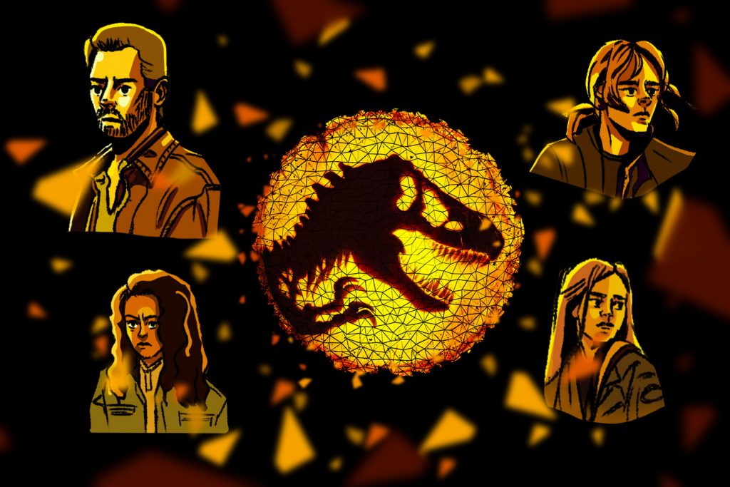 An illustration of the main characters from Jurassic World Dominion