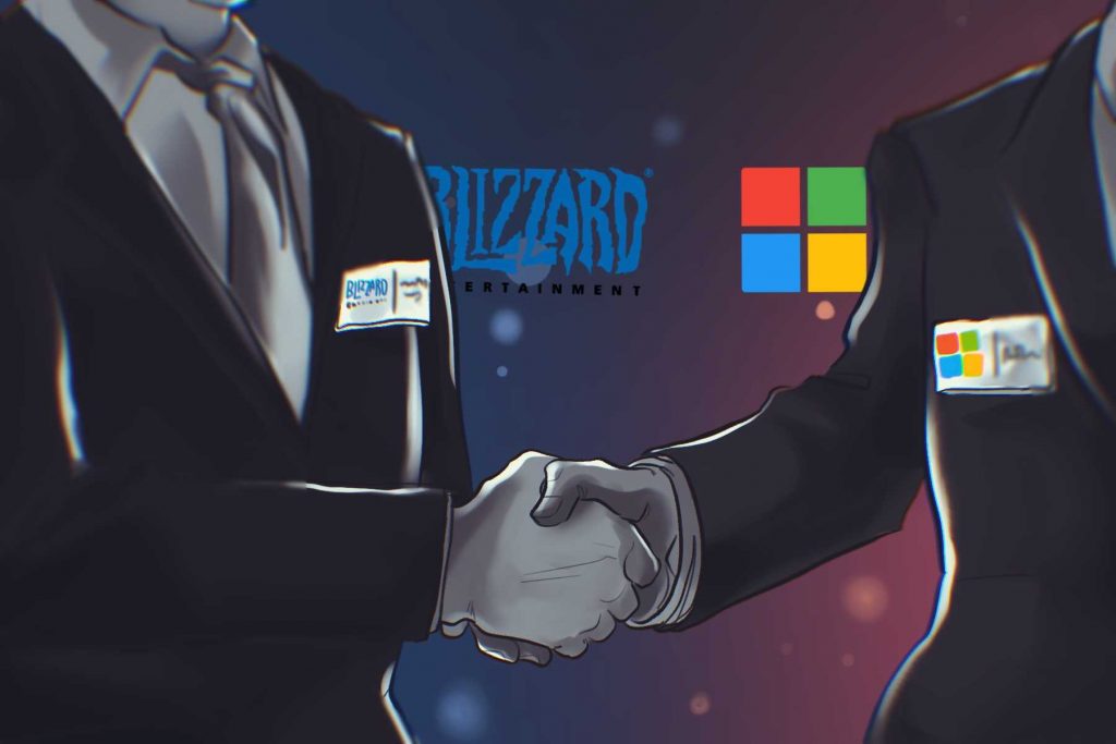 In an article about Activision, a drawing shows two hands shaking with corporation symbols behind them.