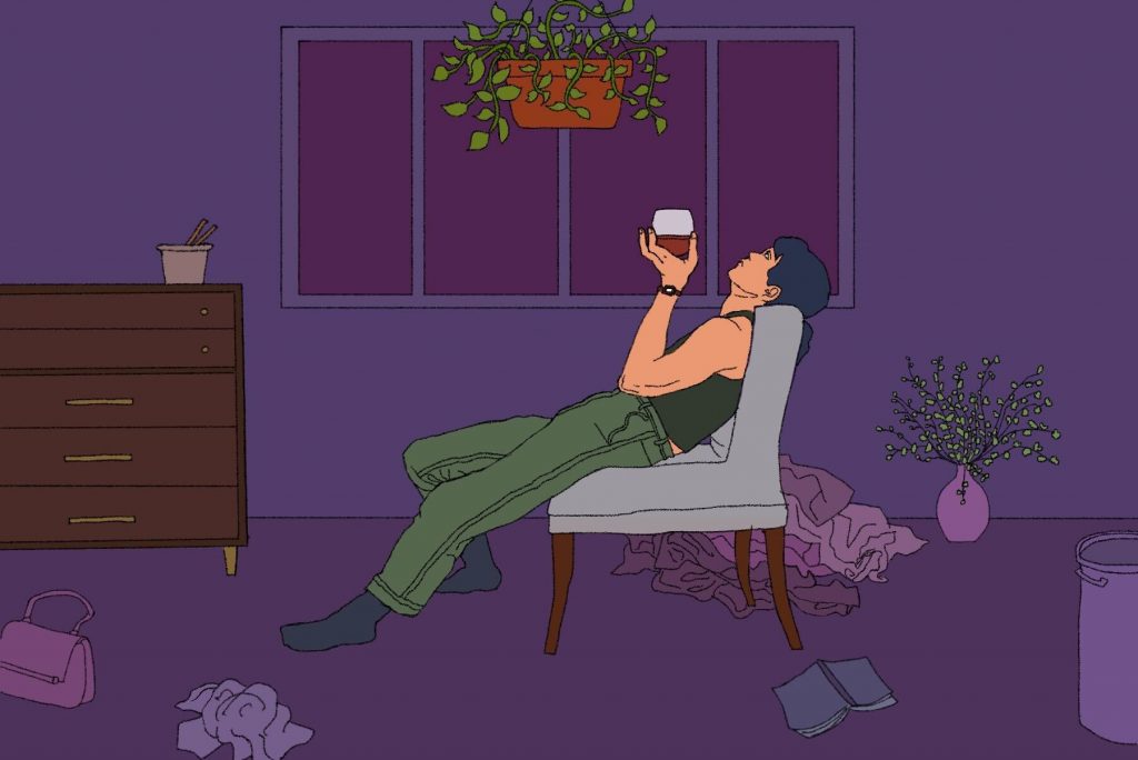 An article about women has a drawing of an unstable woman drinking wine
