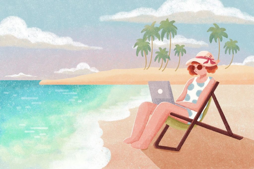 in article about vacations, lady using laptop on vacation