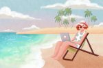 in article about vacations, lady using laptop on vacation