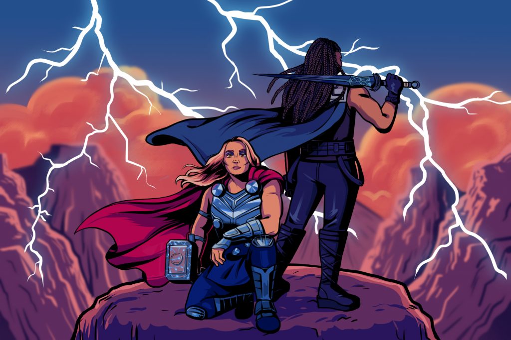 A Drawing of Thor: Love and Thunder shows the female Thor crouching while a man facing away from the camera stands in the background.
