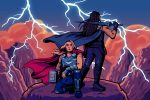 A Drawing of Thor: Love and Thunder shows the female Thor crouching while a man facing away from the camera stands in the background.