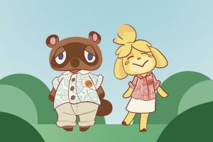 an illustration of Tom Nook and Isabelle, two beloved characters on Animal Crossing