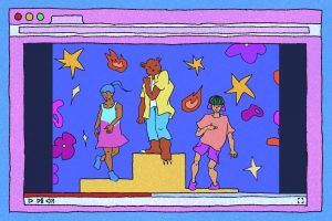 In an article about animated hip hop videos, an illustration of a brightly colored animated music video in a browser tab.